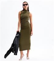 Women's Khaki High Neck Ruched Midi Dress New Look