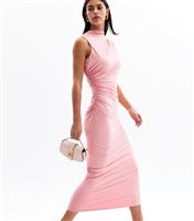 Women's Pink Jersey High Neck Ruched Midi Dress New Look
