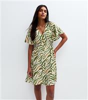 Women's Olive Green Printed Button Front Mini Dress Blue Vanilla New Look
