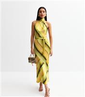 Women's Green Satin Stripe Print Halterneck Midi Dress New Look