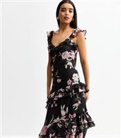 Women's Black Vintage Floral Print Chiffon Maxi Dress New Look