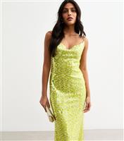 Women's Green Sequinned Cowl Neck Midi Dress New Look