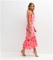Women's Pink Frilly Trimmed Mesh Midi Dress New Look