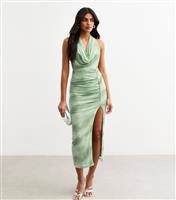 Women's Green Cloud Print Halterneck Mesh Midi Dress New Look