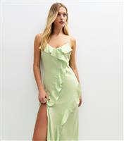 Women's Green Ruffle Trim Satin Midi Dress New Look