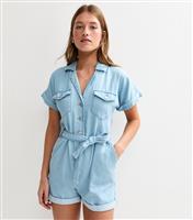 Women's Light Blue Soft Denim Playsuit New Look