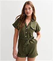 Women's Dark Khaki Short Sleeve Twill Playsuit New Look