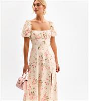Women's Off White Floral Print Puff Sleeve Midi Dress New Look