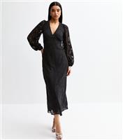 Women's Black V-Neck Floral Devor Long Sleeve Midi Dress New Look