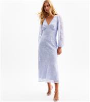 Women's Light Blue V-Neck Floral Devor Long Sleeve Midi Dress New Look