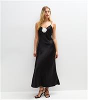 Women's Black Satin Corsage Midi Slip Dress New Look