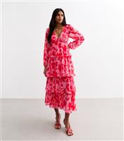 Women's Pink Floral Print Tiered Chiffon Midi Dress New Look