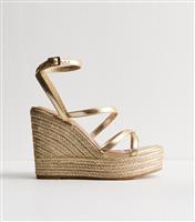 Women's Gold Faux Leather Metallic Strap Wedge Sandals Vegan New Look
