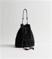 Black Floral Woven Raffia Look Drawstring Bucket Bag New Look
