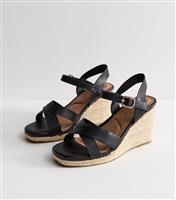Women's Extra Wide Fit Black Faux Leather Crossover Strap Wedge Sandals Vegan New Look