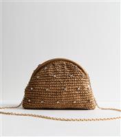 Stone Diamant Stud Raffia Look Slouchy Clutch Bag New Look