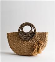 Stone Faux Leather Trimmed Woven Basket Bag New Look