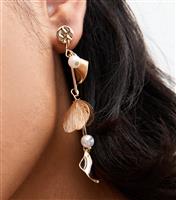 Gold Tone Faux Pearl and Petal Charm Long Drop Earrings New Look
