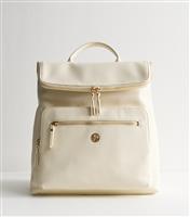 Cream Faux Leather Logo Plaque Zip Top Backpack New Look