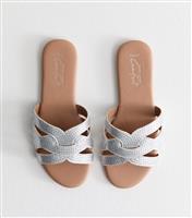 Women's Wide Fit Silver Woven Stap Embellished Faux Leather Sandals Vegan New Look