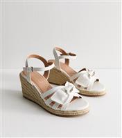 Women's Wide Fit White Bow Embellished Faux Leather Wedge Sandals Vegan New Look