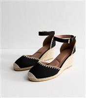 Women's Wide Fit Black Blanket Stitch Trim Wedge Shoes Vegan New Look