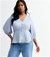 Women's Plus Size Blue Crinkle Texture Button Front Tea Top Curves New Look