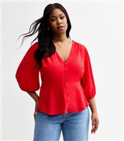 Women's Plus Size Bright Red Crinkle Texture Button Front Tea Top Curves New Look