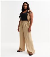 Women's Plus Size Camel Crinkled Wide Leg Trousers Curves New Look