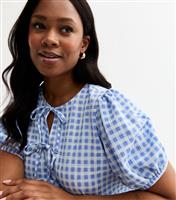 Women's Plus Size Blue Checked Tie Front Peplum Top Curves New Look