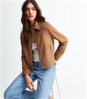 Women's Tan Faux Suede Studded Jacket New Look
