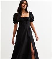Women's Black Puff Sleeve Slit Hem Milkmaid Midi Dress New Look
