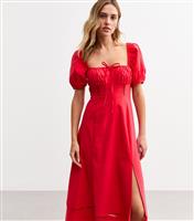 Women's Red Puff Sleeve Slit Hem Midi Dress New Look