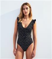 Women's Black Tummy Control Textured Polka Dot Belted Swimsuit New Look