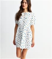 Women's White Textured Blueberry Print Bow Mini Dress New Look