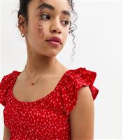 Girls' Red Floral Print Frilly Trim Shirred Top New Look