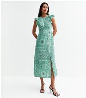 Women's Green Tile Print Frilly Trim Midi Dress New Look