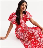 Women's Red Lightweight Floral Print Wrap Midi Dress New Look