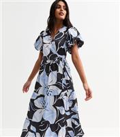 Women's Blue Floral Print Tiered Puff Sleeve Wrap Dress New Look