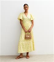 Women's Yellow Floral Print Tiered Wrap Dress New Look