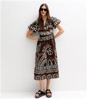 Women's Brown Palm Tree Print Wrap Midi Dress New Look