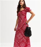 Women's Red Tile Print Square Neck Midi Dress New Look