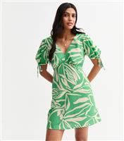 Women's Green Leaf Print Tie Sleeve Mini Dress New Look