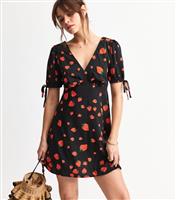Women's Black Strawberry Print Tie Sleeve Mini Dress New Look