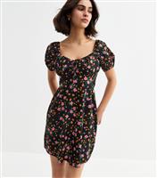 Women's Black Floral Print Puff Sleeve Mini Dress New Look