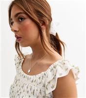 Girls' White Floral Print Shirred Front Textured Top New Look