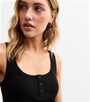 Women's Black Button Tab Ribbed Vest Top New Look