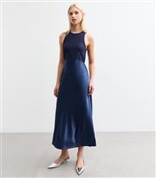 Women's Navy Satin Skirt Midi Dress New Look