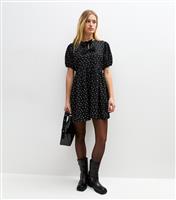 Women's Black Bow Front Polka Dot Crinkle Texture Mini Dress New Look