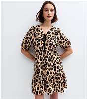Women's Brown Leopard Print Tie Collar Mini Dress New Look